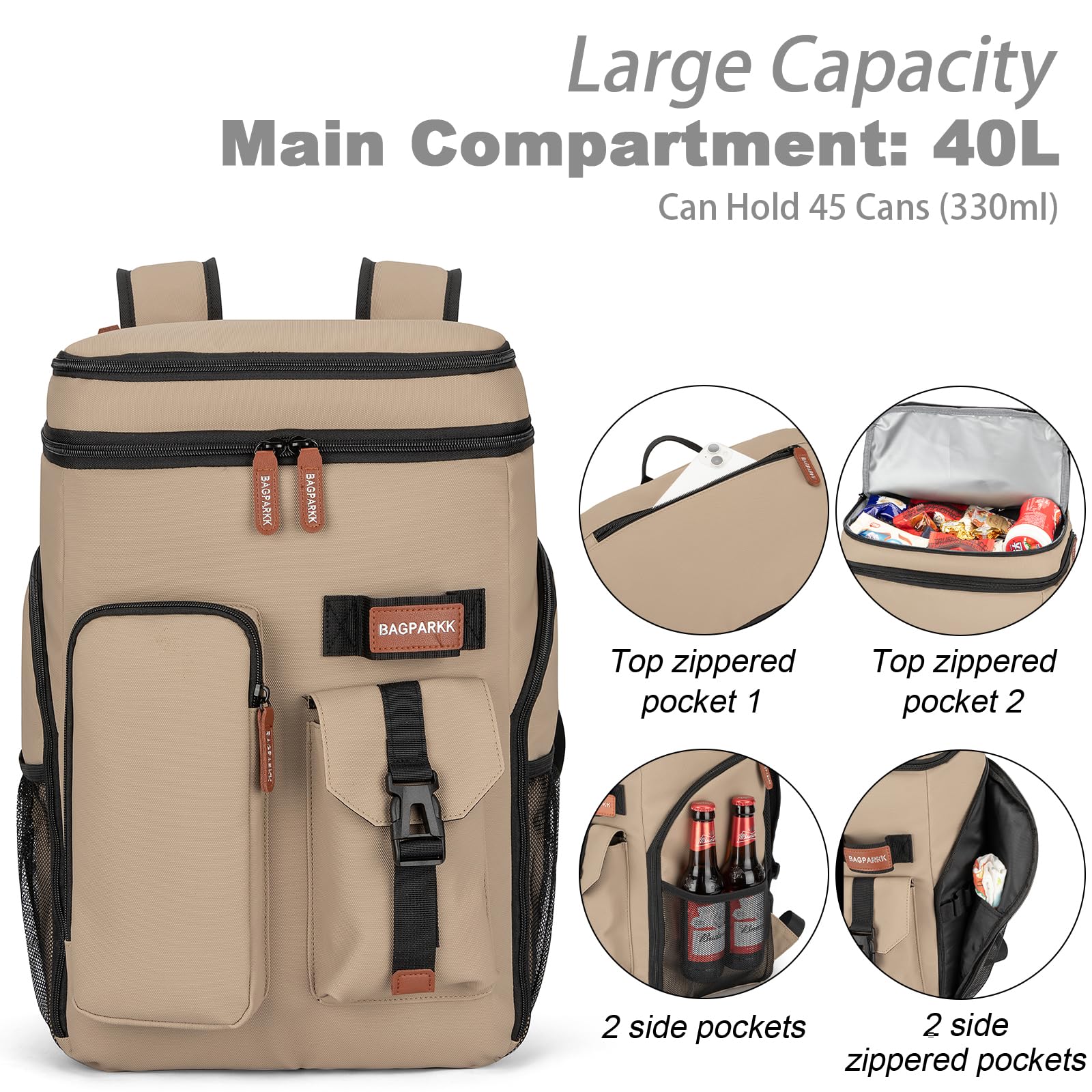 BAGPARKK Insulated Cooler Backpack,33/45 Cans Multifunctional Double Deck Leakproof Cooler Bag with Sternum Strap,Large Capacity Lightweight Travel Camping Beach Backpack