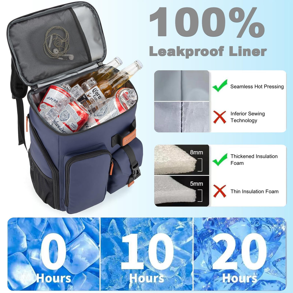 BAGPARKK Insulated Cooler Backpack,33/45 Cans Multifunctional Double Deck Leakproof Cooler Bag with Sternum Strap,Large Capacity Lightweight Travel Camping Beach Backpack