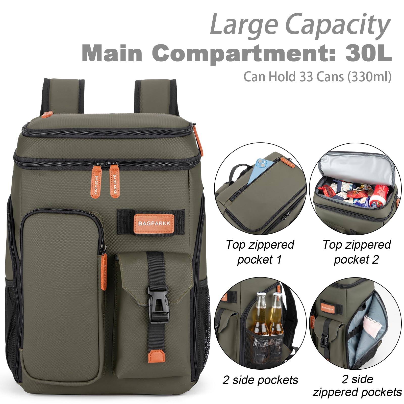 BAGPARKK Insulated Cooler Backpack,33/45 Cans Multifunctional Double Deck Leakproof Cooler Bag with Sternum Strap,Large Capacity Lightweight Travel Camping Beach Backpack