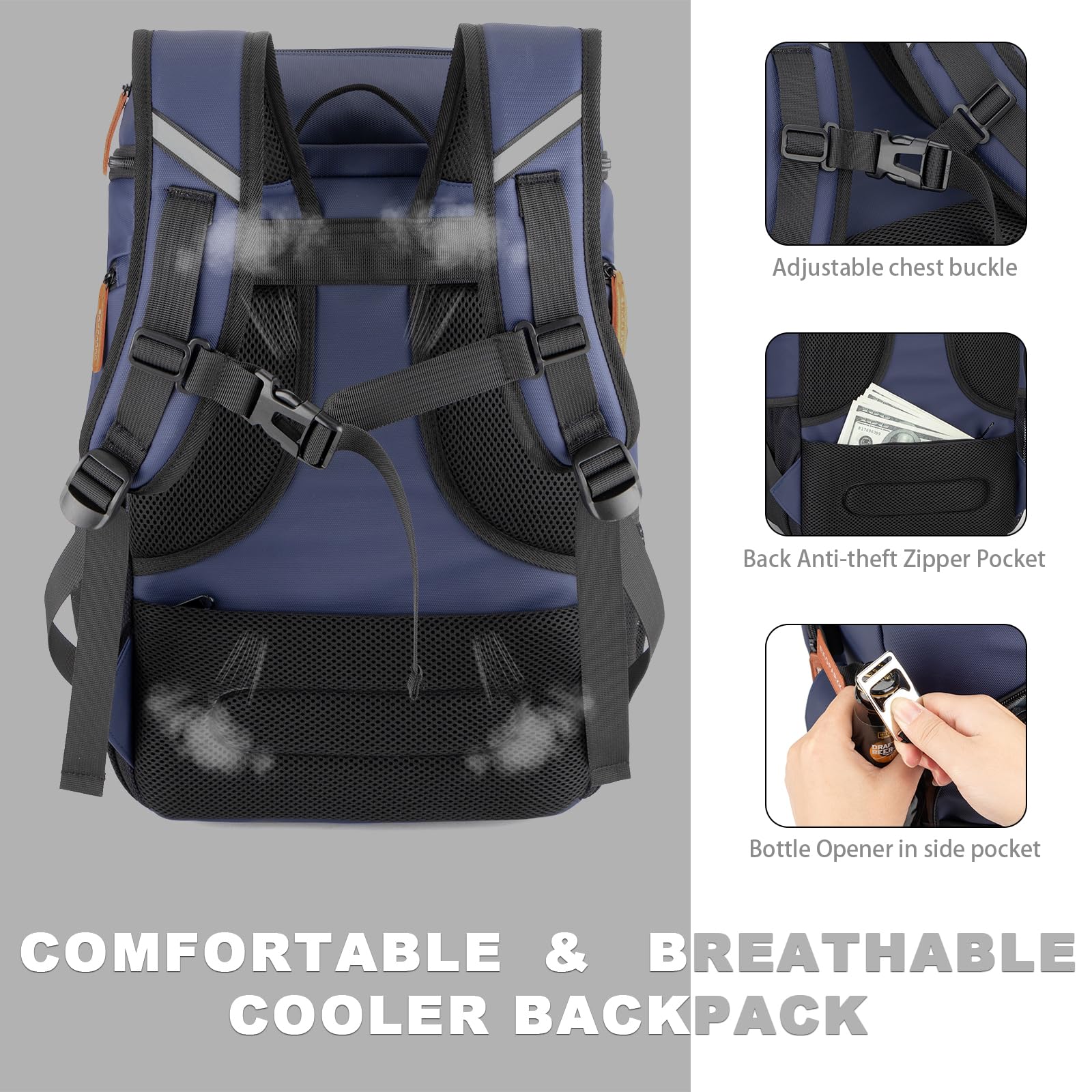 BAGPARKK Insulated Cooler Backpack,33/45 Cans Multifunctional Double Deck Leakproof Cooler Bag with Sternum Strap,Large Capacity Lightweight Travel Camping Beach Backpack