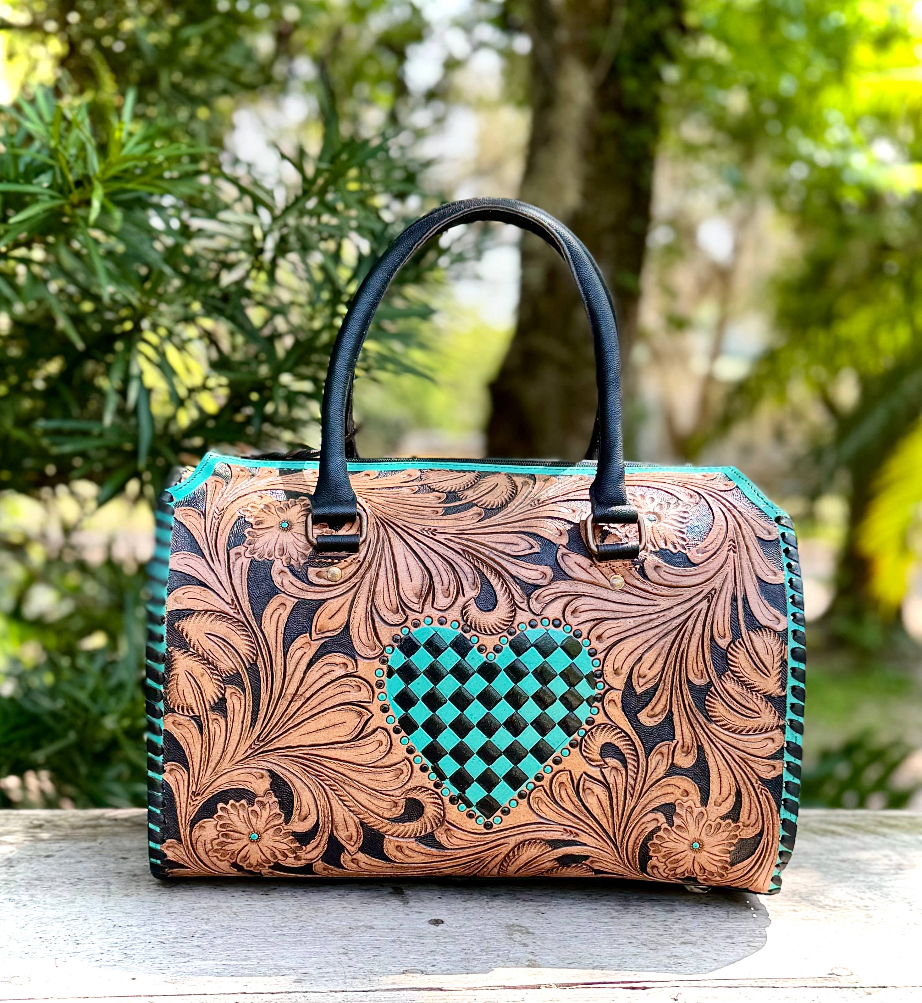Tooled Leather Turquoise Black Checkered Heart Speedy Bag