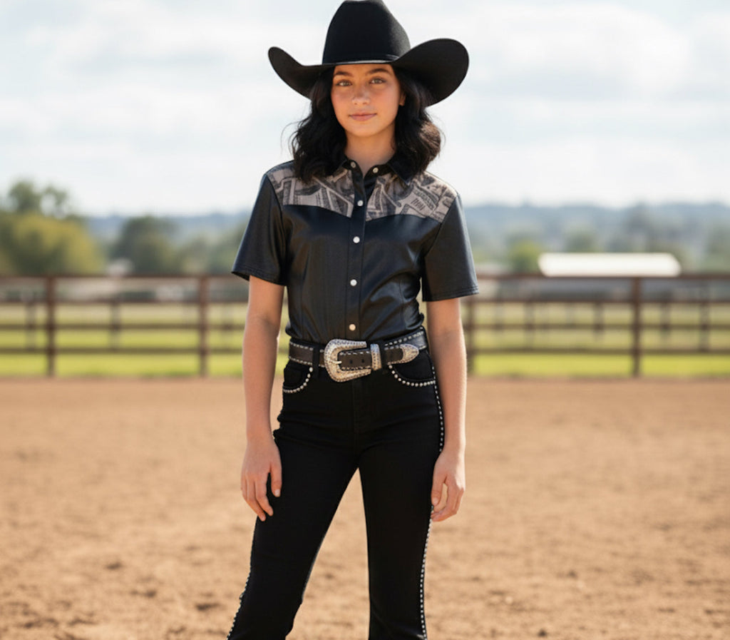 Girls Entry Fees Mesh Yoke Pearl Snap Jackpot Shirt