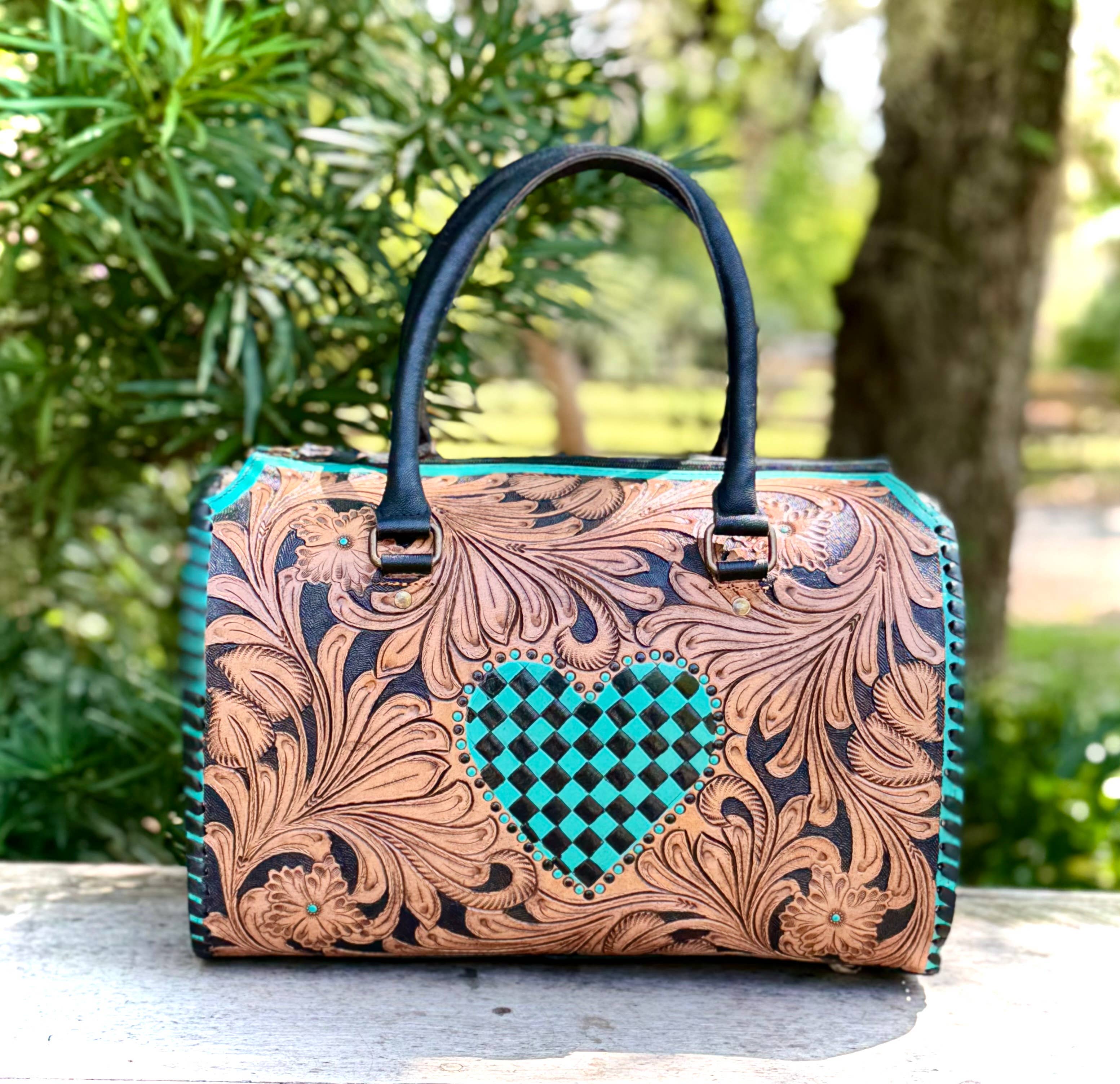 Tooled Leather Turquoise Black Checkered Heart Speedy Bag