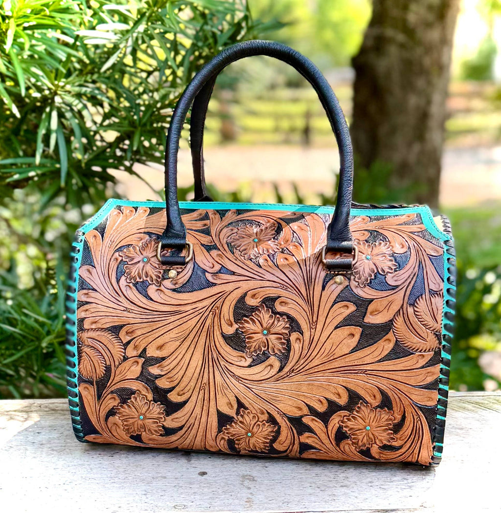 Tooled Leather Turquoise Black Checkered Heart Speedy Bag