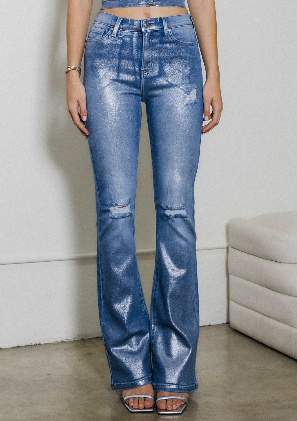 Vibrant MIU Silver Foil Bootcut Jeans